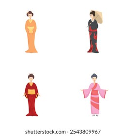 Coleção de figuras de gueixas ilustradas em quimonos coloridos, mostrando roupas e estilos culturais japoneses