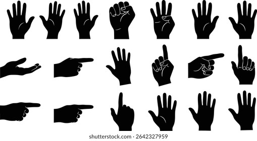 Collection of illustrated hand gestures and silhouette poses isolated on white background for design elements