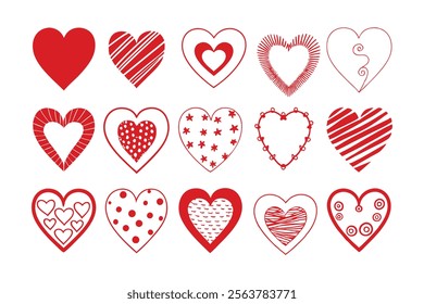 Collection of illustrated heart icons. Versatile heart illustration vector featuring doodle hearts, hand-drawn love symbols, and creative shapes. Perfect for Valentine’s Day, Christmas, weddings.