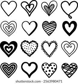 Collection of illustrated heart icons. Versatile heart illustration vector featuring doodle hearts, hand-drawn love symbols, and creative shapes. Perfect for Valentine’s Day, Christmas, weddings.