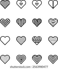 Collection of illustrated heart icons. Versatile heart illustration vector featuring doodle hearts, hand-drawn love symbols, and creative shapes. Perfect for Valentine’s Day, Christmas, weddings.