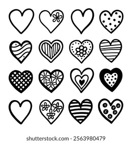 Collection of illustrated heart icons. Versatile heart illustration vector featuring doodle hearts, hand-drawn love symbols, and creative shapes. Perfect for Valentine’s Day, Christmas, weddings.