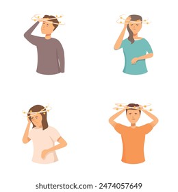 Collection of illustrated icons depicting men and women experiencing dizziness with stars around their heads