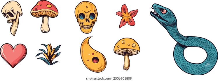 Una colección de íconos ilustrados con calaveras, hongos, una flor, un corazón y una serpiente.