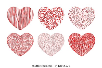 Collection of illustrated icons with red hearts. Design elements for Valentine's Day, love logo, greeting card, scrapbooking