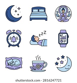 A collection of illustrated icons representing sleep, relaxation, nighttime activities, and bedtime habits including meditation, alarm clocks, and smartwatches.