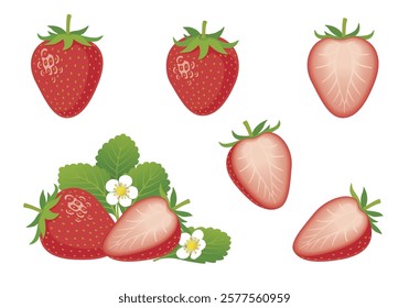 A collection of illustrated icons of a variety of strawberries, including whole strawberries and cut strawberries