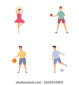 Coleção de indivíduos ilustrados envolvidos em balé, tênis de mesa, basquete e futebol