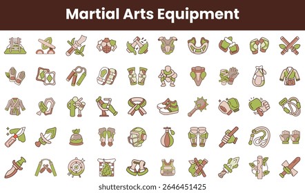 Uma coleção de ícones ilustrados de equipamentos de artes marciais, com luvas, cintos, capacetes e várias ferramentas essenciais para treinamento e competição em artes marciais.