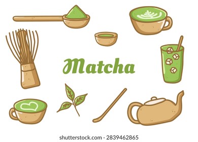 Collection of illustrated matcha tea elements including whisk, scoop, cups, teapot, iced drink, and tea leaves with central Matcha text. Cultural design perfect for food, wellness, and branding