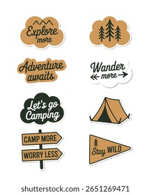 Collection of illustrated outdoor camping and adventure themed sticker illustrations with white background