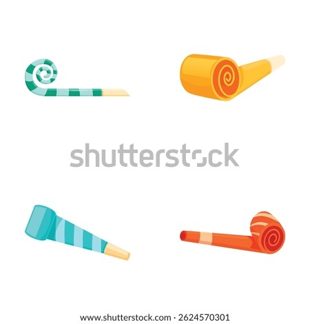 Collection of illustrated party blowers in different designs and colors