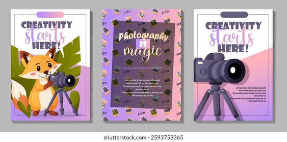 A collection of illustrated postcards featuring a camera, photographs, and motivational quotes about creativity and photography. Suitable for studios, bloggers, and designers.  
