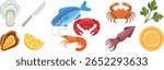 A collection of illustrated seafood items including oysters, mussels, a fish, shrimp, crabs, and squid, along with a lemon slice, parsley sprig, knife, and plate.