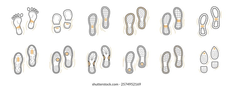 Collection of illustrated shoe and bare foot prints showing various tread patterns and styles.