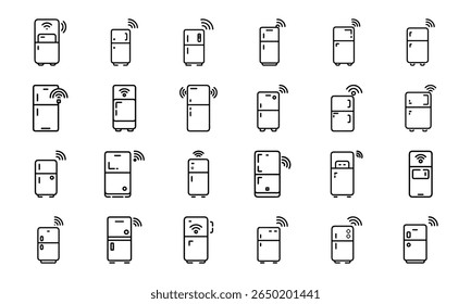 Collection of illustrated smart fridges with wireless connection icons in minimalist outline style
