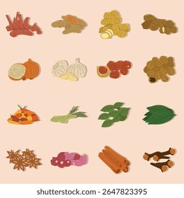 Coleção de especiarias e ervas ilustradas, incluindo gengibre, açafrão, alho, cebola, pimenta, capim-limão, louro, canela, cravo, anis estrelado, chalotas, pimentas