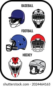 Collection of illustrated sports helmets for baseball, softball, football and hockey. Vector eps graphic designs. Full color and easy to edit.