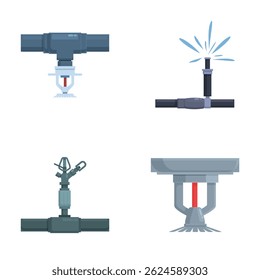 Collection of illustrated sprinklers for agriculture and firefighting, isolated on a white background