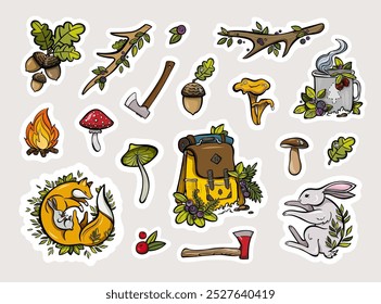 Collection of illustrated stickers featuring various nature and camping-themed items