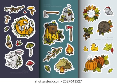 Collection of illustrated stickers featuring various nature and camping-themed items on various backgrounds 