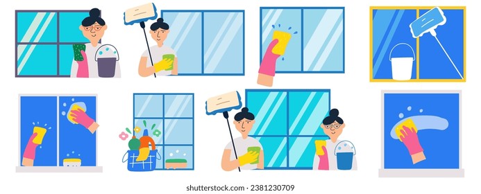 Collection of illustration about cleaning windows with cleaning tools. Housekeeping. Sanitary
services. Vector graphic design. 