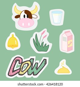 Collection illustration about cow. Simple funny elements of cow life. 