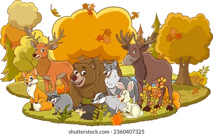 collection, illustration, animal, character, autumn, forest, rabbit, funny, happy, hare, cute, hedgehog, nature, vector, smile, fox, mammal, cartoon, deer, raccoon, squirrel, wild, design, background,