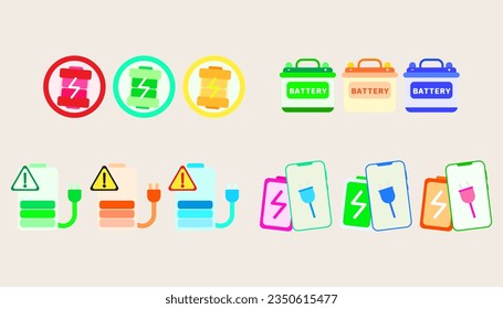 Collection illustration Battery power and charging minimal style icon .Set Battery charge level display.