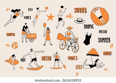 Collection of illustration captures the essence of a tropical vacation with various summer beach activities, including sunbathing, swimming, and relaxing under umbrellas