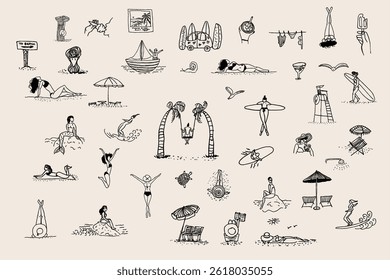 Collection of illustration captures the essence of a tropical vacation with various summer beach activities, including sunbathing, swimming, and relaxing under umbrellas