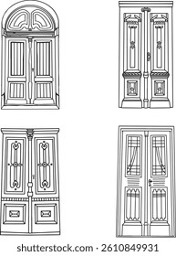 Collection illustration of doors of old houses of European city. Vector illustration on white background