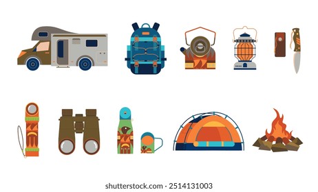 collection illustration elements of a campfire, backpack, camper van, tent, and other camping gear