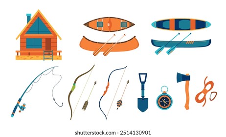 Uma coleção de elementos de ilustração com uma cabine de madeira, canoa, vara de pesca, arco e seta e outros equipamentos de acampamento