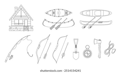 Uma coleção de elementos de ilustração com uma cabine de madeira, canoa, vara de pesca, arco e seta, e outros equipamentos de acampamento, estilo de contorno