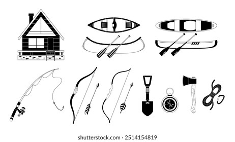 Uma coleção de elementos de ilustração com uma cabine de madeira, canoa, vara de pesca, arco e seta, e outros equipamentos de acampamento, estilo monocromático