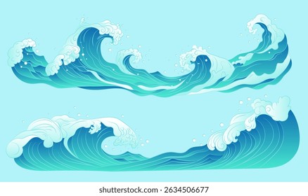 A collection of illustration elements of ocean waves and splashes