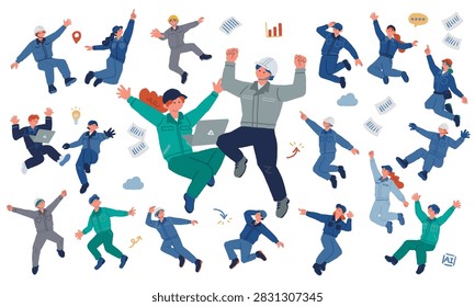 Collection illustration featuring floating jump poses of construction workers, alternate layout