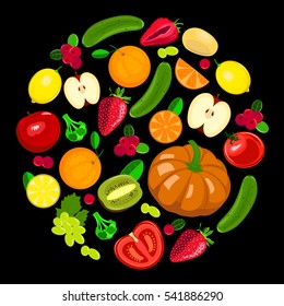 Collection illustration of harvest fruits and vegetables on black background. Seasonal vector illustration.