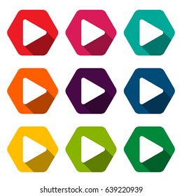 Collection Illustration icon for play symbol in a variety of color alternatives in hexagons