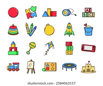 Collection of illustration icons for children's toys in colorful doodle style, suitable for use in flyer designs, social media, posters, banners, web and others.