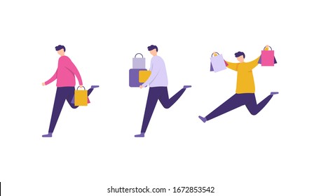 Collection Of Illustration A Man Was Carrying Shopping Bags And Groceries. Run And Jump. Flat Design.