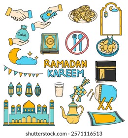 Collection of illustration of a mosque, crescent moon, minarets, lantern, Kaaba, dates fruit, handshake, zakat, hand giving money, ketupat, kolak ideal for Ramadan or Muslim events.