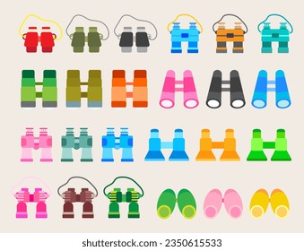 Collection illustration Optical instruments for viewing distant.Set of binoculars, spyglass.