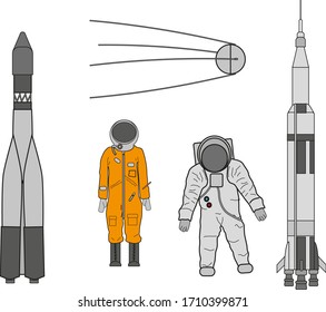 Colección de ilustraciones de la carrera espacial entre los Estados Unidos y la ex Unión Soviética. ilustración para diseño web y móvil.