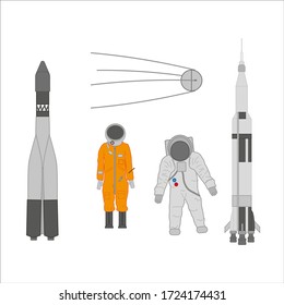 Collection of illustration of the space race between the United States and the former Soviet Union. illustration for web and mobile design.