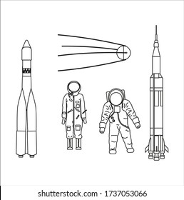 Collection of illustration of the space race between the United States and the former Soviet Union. illustration for web and mobile design.