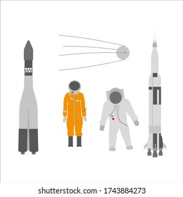 Colección de ilustraciones de la carrera espacial entre los Estados Unidos y la ex Unión Soviética. ilustración para diseño web y móvil.