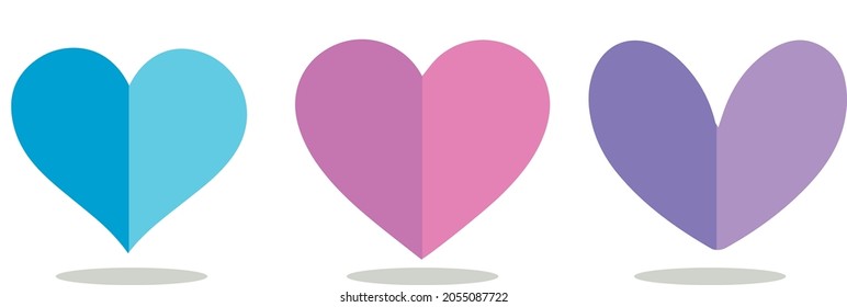 Collection, illustration, vector, three hearts, halved, with shadow below. on a white background Suitable for creating posters, designs, icons, symbols, websites, buttons, cards and other tasks.