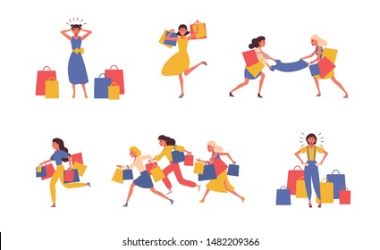 Collection of illustration women carrying shopping bags taking part in seasonal sale. Bundle of shopaholic girls addicted to buying in shop, store, mall or showroom. Colorful vector in flat style